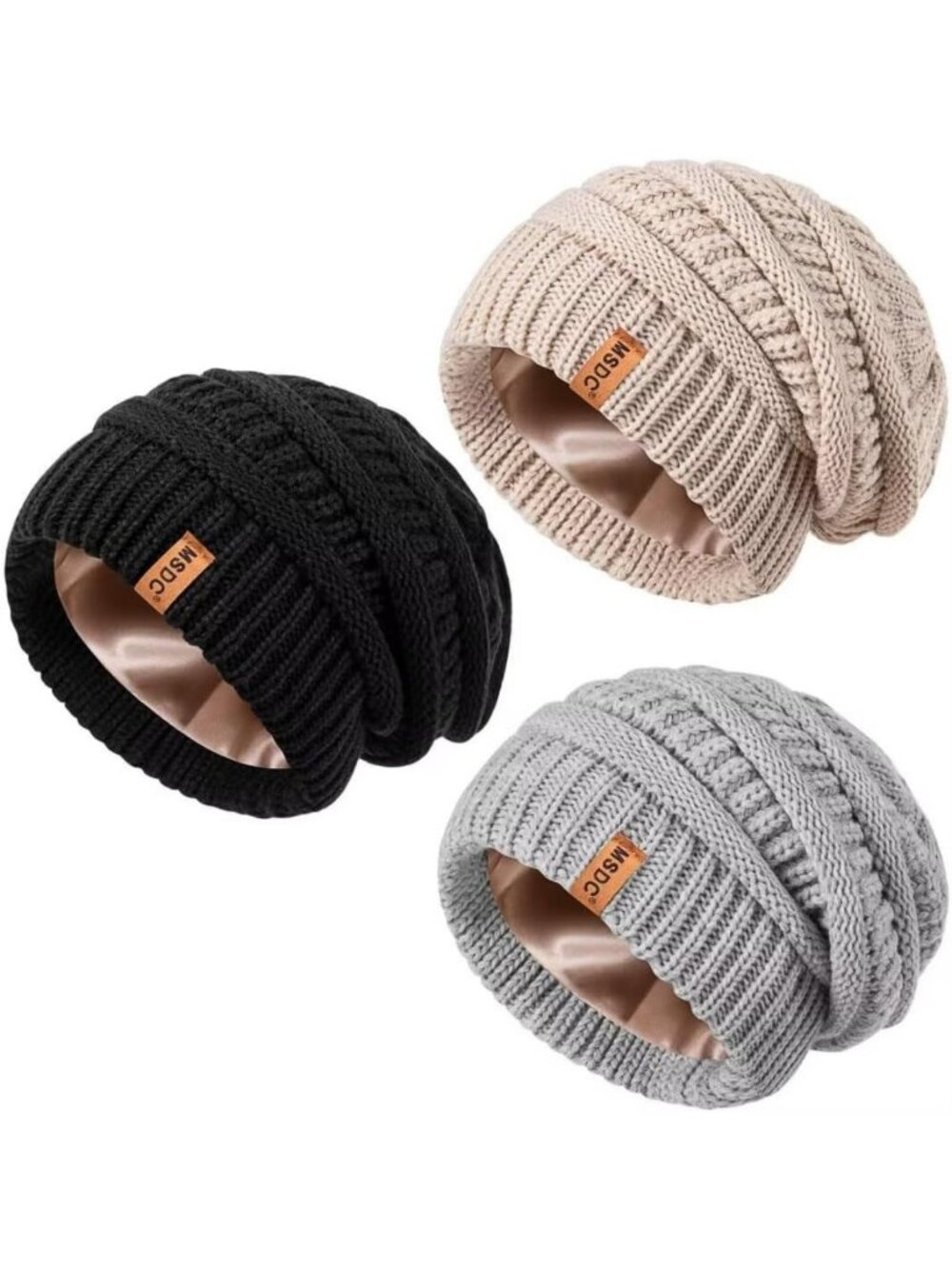 3 Pack Satin Lined Beanies for Women - Warm Slouchy Winter Hats, Oversized Knit